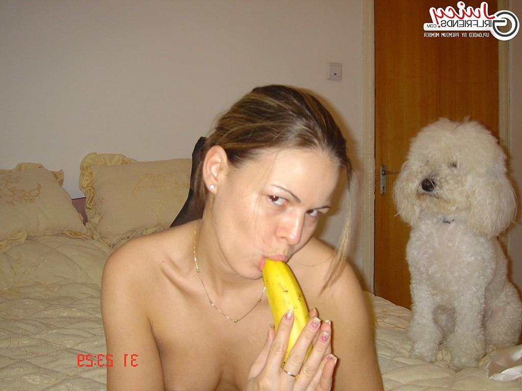 10P Horny blonde teen on bed with banana