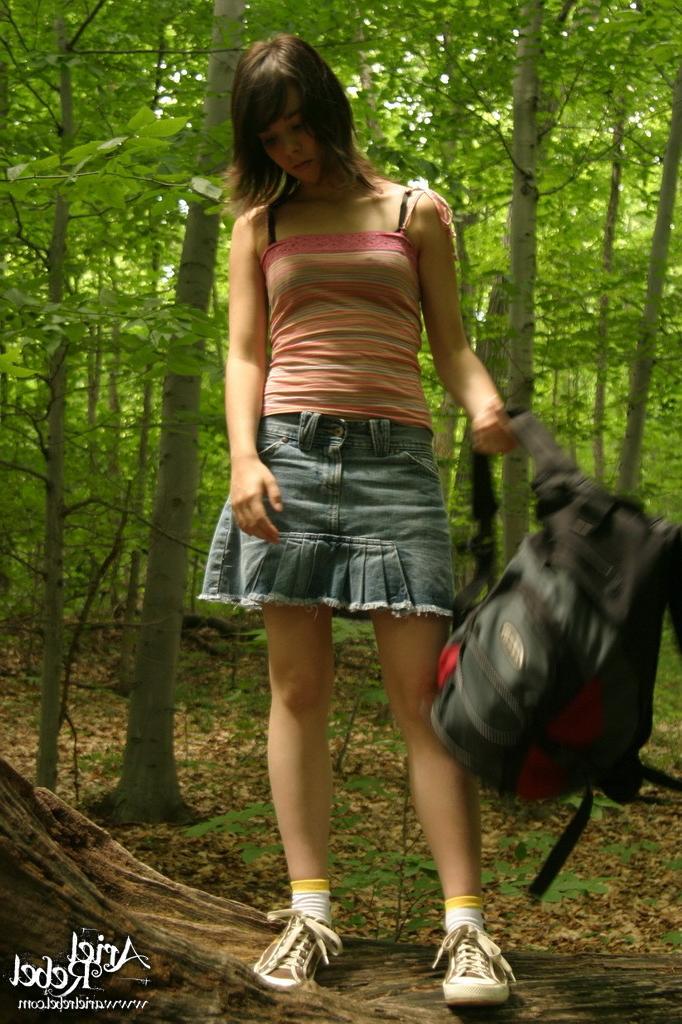 16P Schoolgirl panty upskirt outside in woods