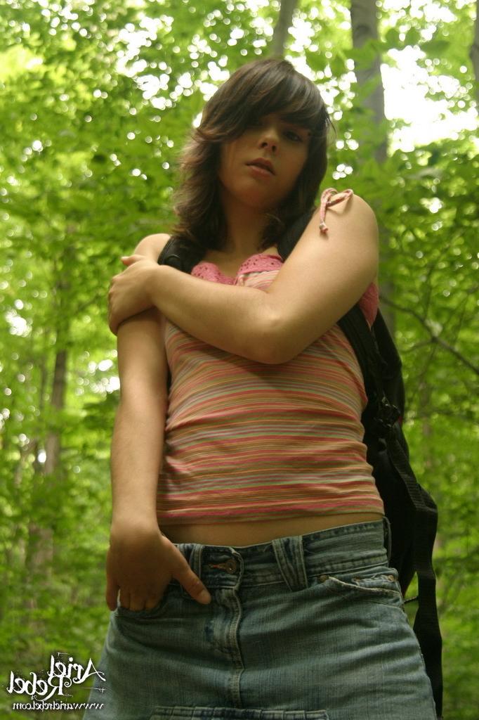 16P Schoolgirl panty upskirt outside in woods