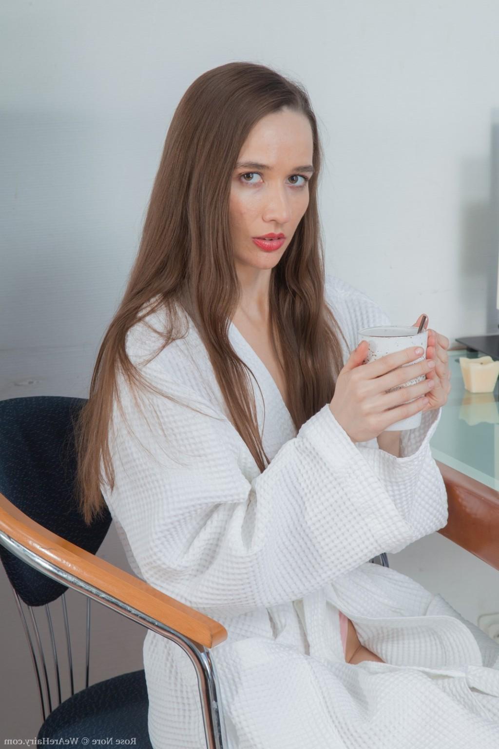 16P Rose Nore sips tea and strips naked on a table