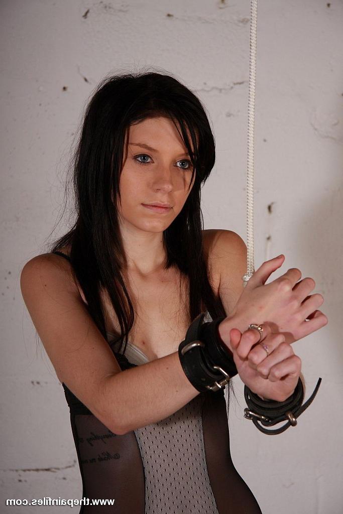 16P Amateur slender brunette is cuffed bound and nipple clamped