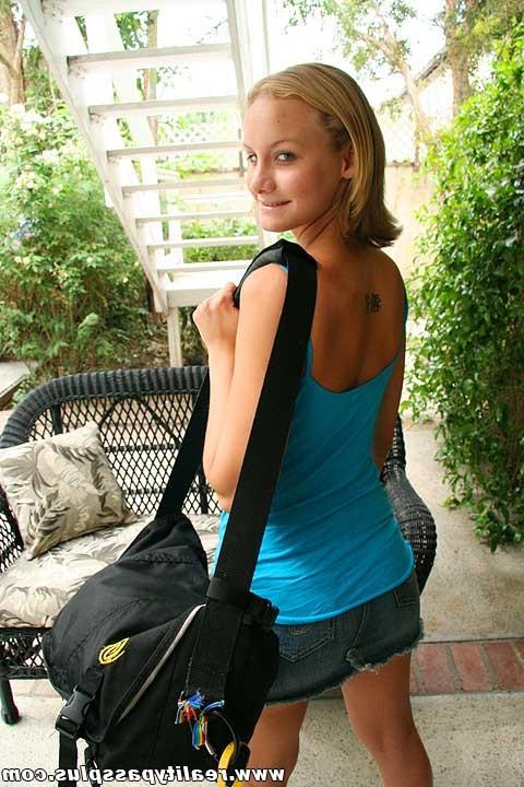 16P Cute young blonde flashes her small tits before a big cock banging