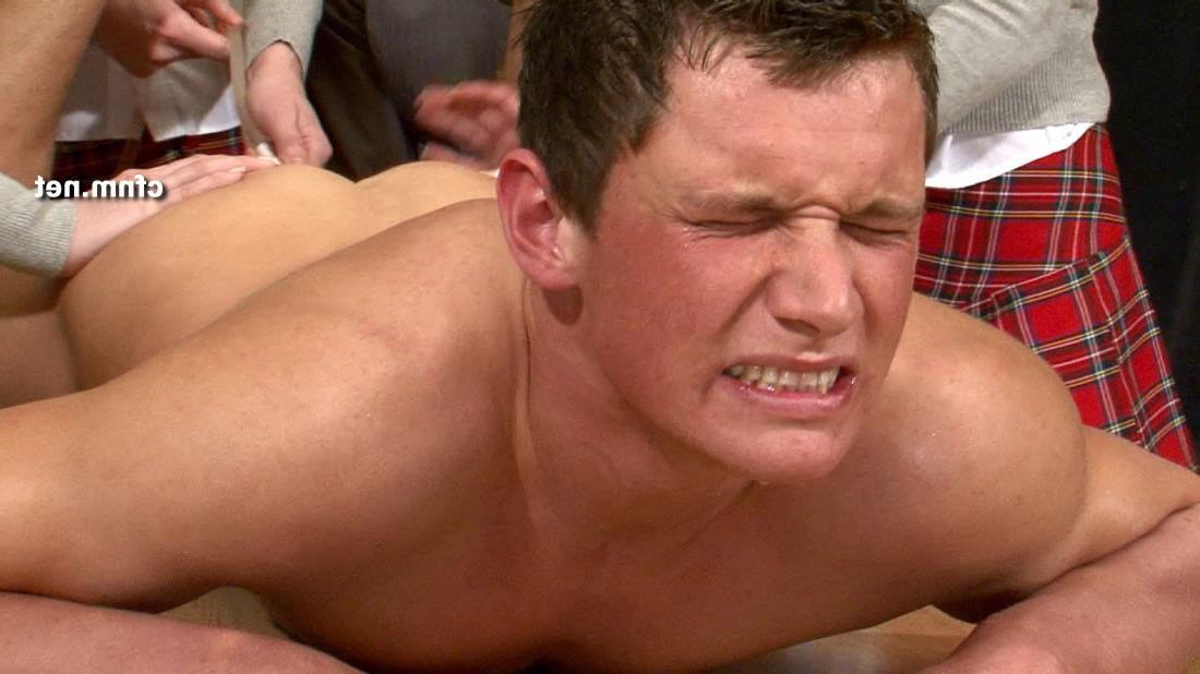 16P Pinned down naked on a table the girls explore his ass