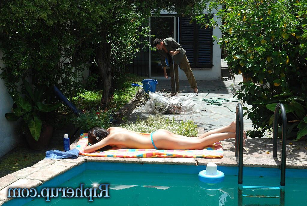 18P Pool loving brunette has stud rip off her clothes for hard fucking