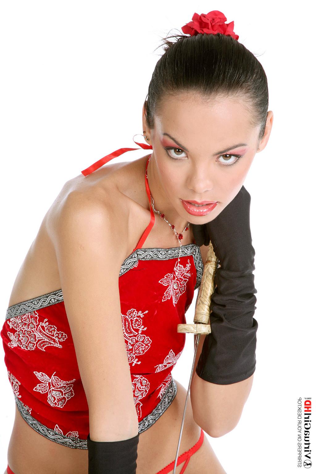 15P Exotic asian babe with a katana teasing in sexy panties