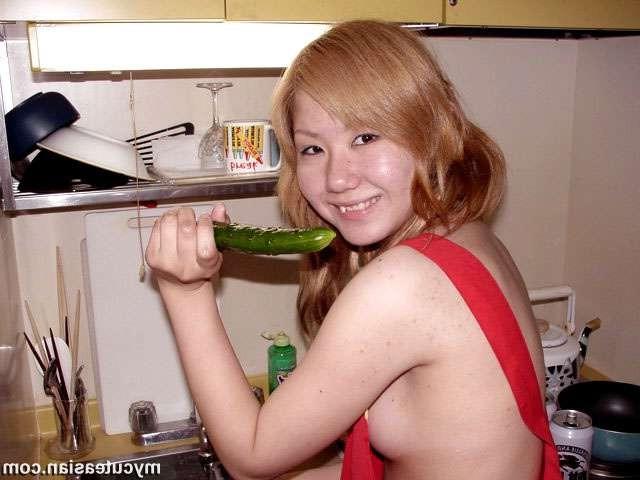 16P Asian teen puts carrot n cucumber in pussy