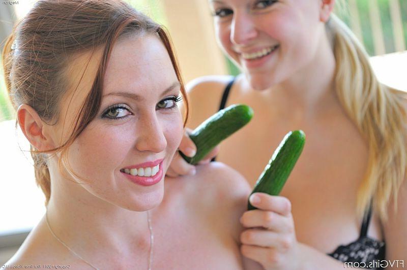 15P Danielle double penetrates Meghan with two cucumbers