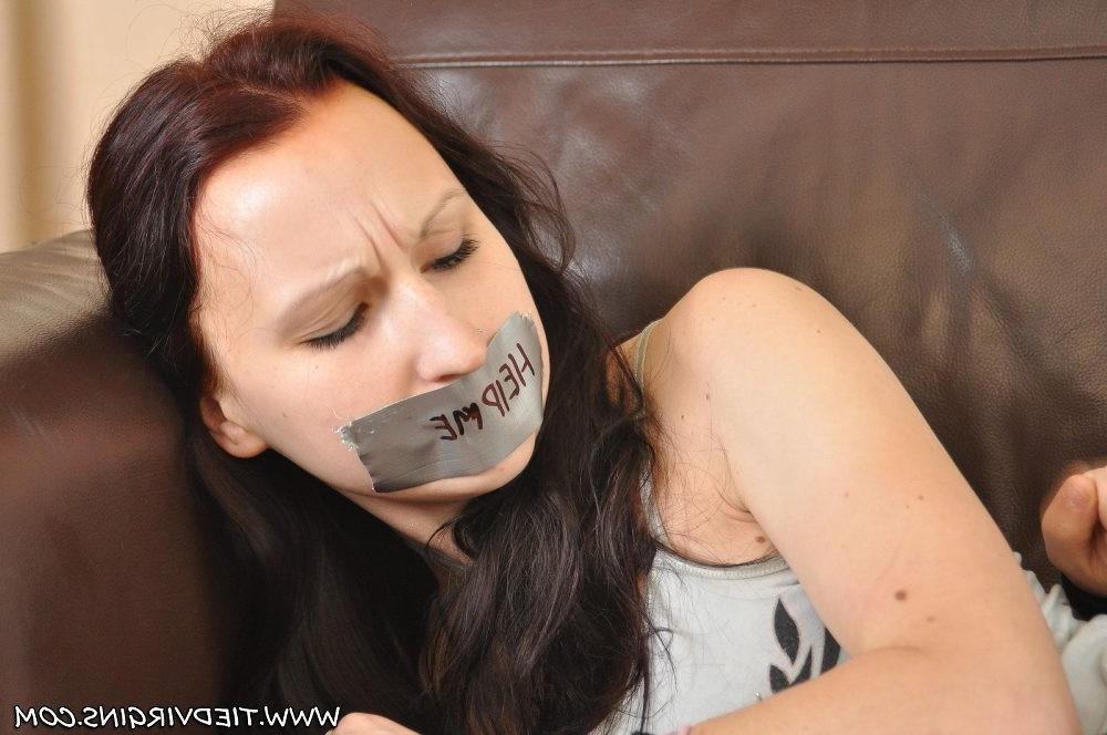 12P New Tied Virgin slut Bailey bound on her own couch