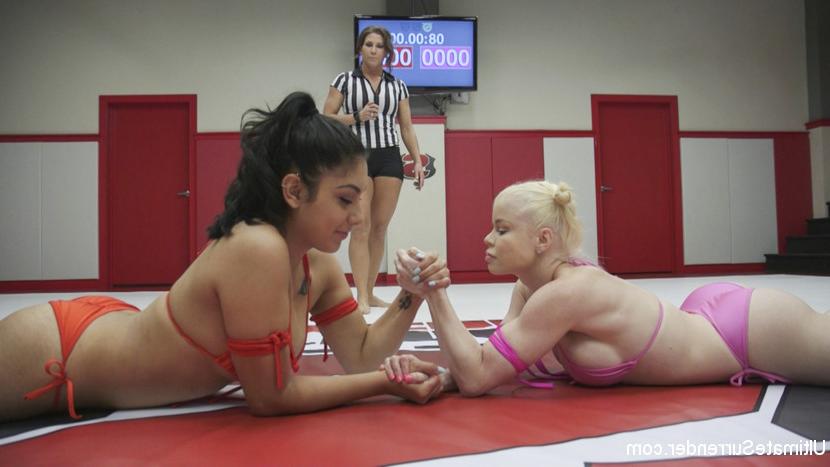 15P Winner hand gags the loser, fucks her hard with a strap on in the pussy and the 