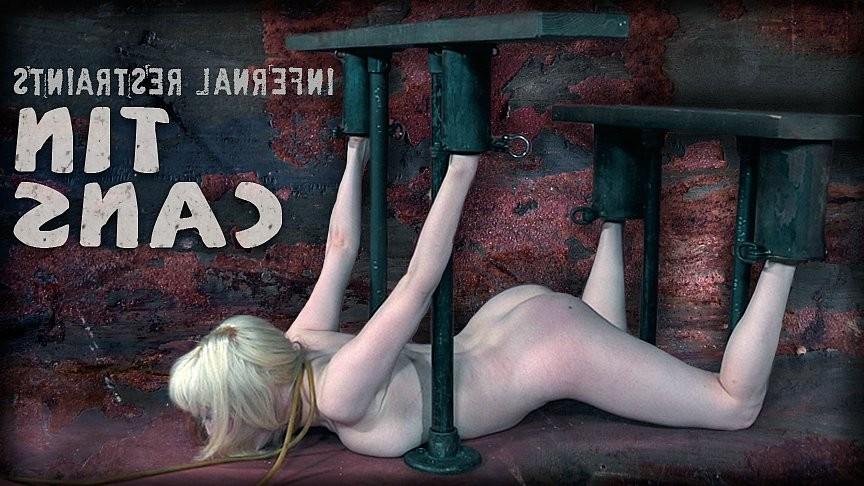 16P April Rain naked blonde is bound in tin cans with master watchin