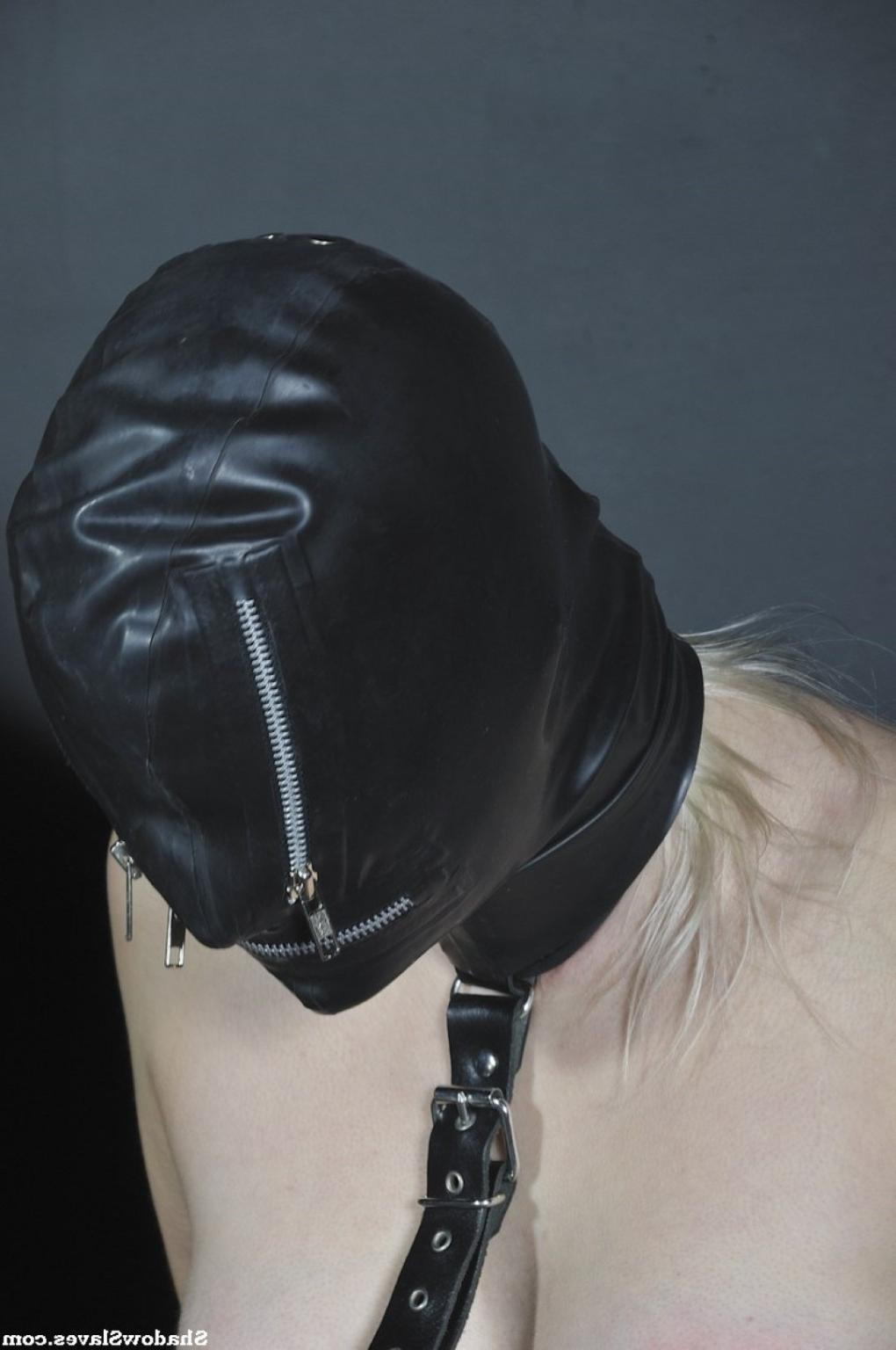 16P Amateur blonde subbie chaos is encased in leather and suspended