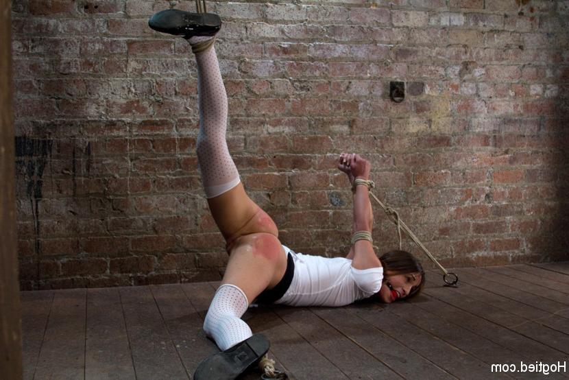 15P Amber Rayne in thigh highs elbows bound togeter