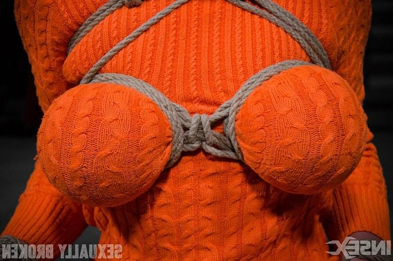 16P Sharon Darling in orange is rope bound and double fucked by male