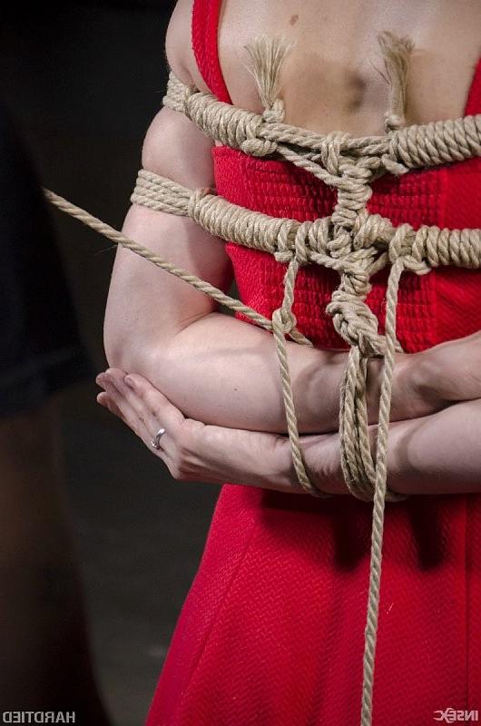 15P Mona Wales blonde in red dress is rope bound and toyed by maledo