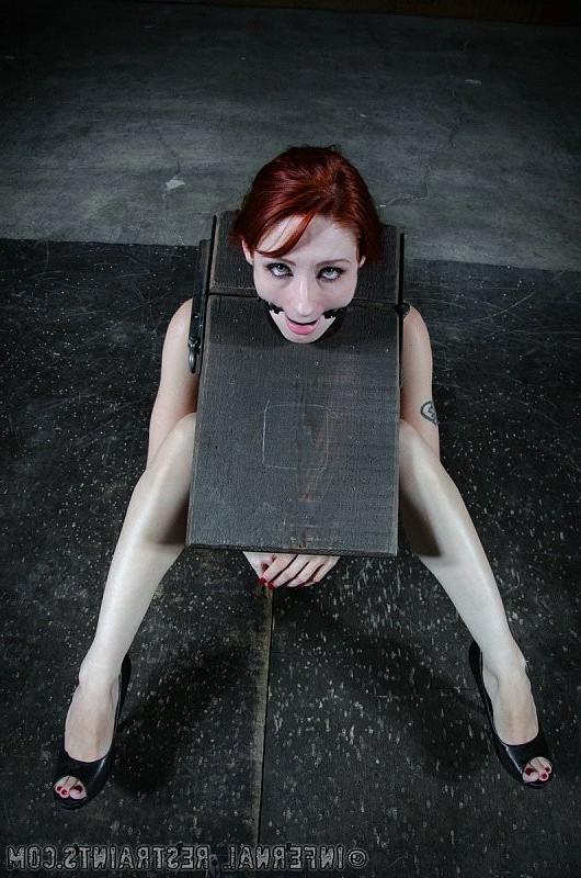 14P Violet Monroe kinky redhead is bound between bars and pussy expo