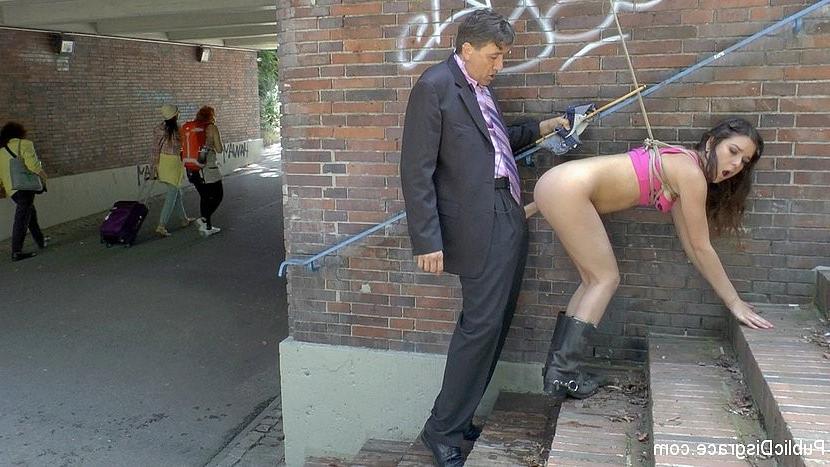 20P Juliette March is public bound and group fucked by maledom Steve