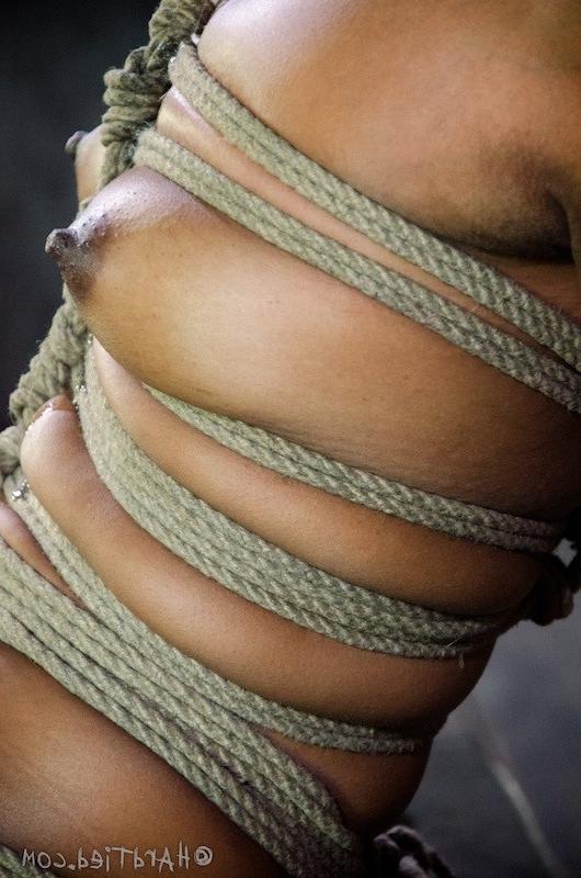 16P Chanell Heart ebony babe rope bound with ballgag