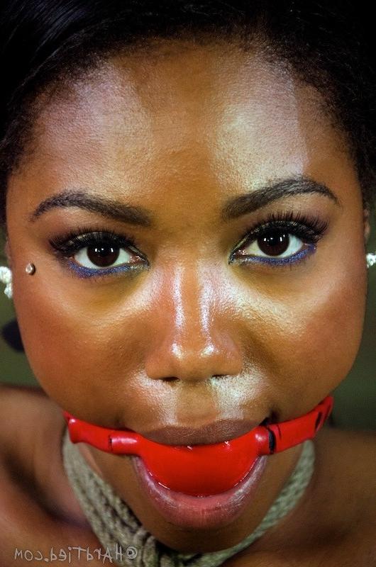 16P Chanell Heart ebony babe rope bound with ballgag