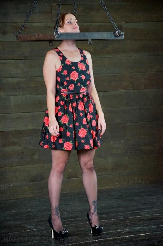 16P Bella Rossi in dress and stockings is bound in wooden stock