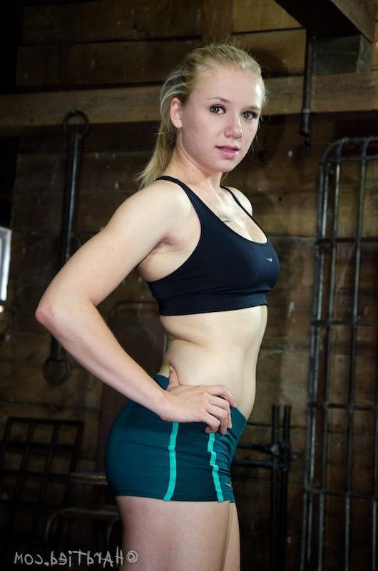 16P Tracey Sweet bound wearing running shoes her pussy is vibrated