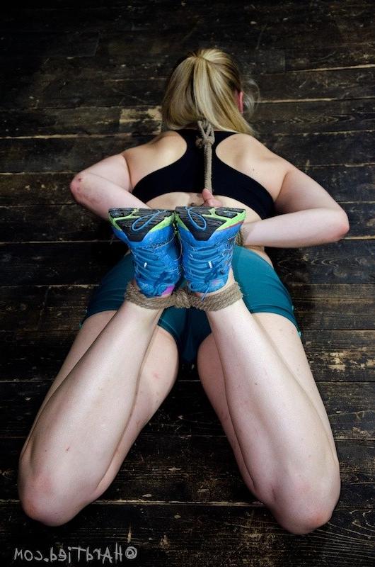 16P Tracey Sweet bound wearing running shoes her pussy is vibrated
