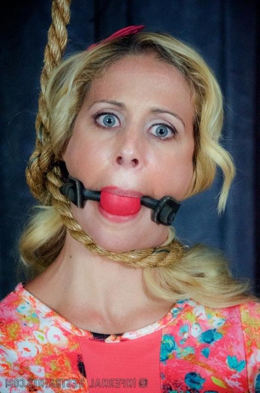 16P Cherie DeVille on high heels with pantyhose down is rope bound