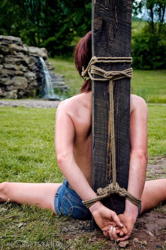 16P Cici Rhodes redhead is bound outdoors her tits with clothes pins