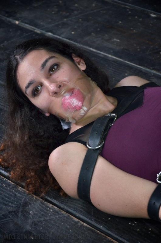 16P Haley Rue curly piercing brunette is bound in leather straps