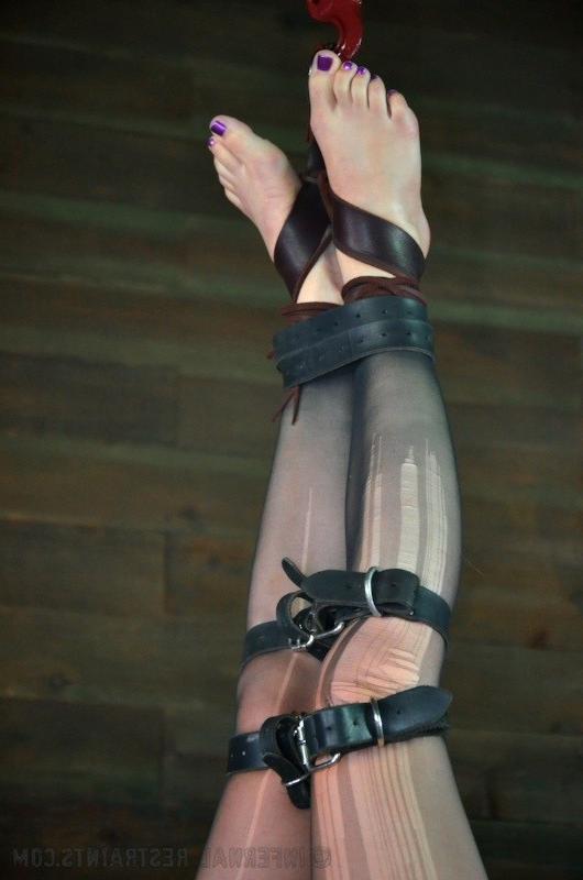 16P Haley Rue curly piercing brunette is bound in leather straps