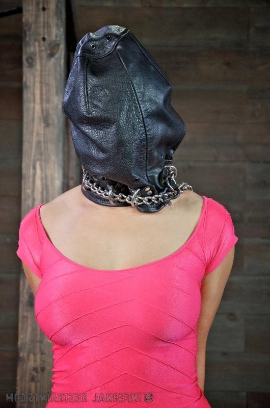 16P Penny Barber in pink dress is bound to metal bed and pussy toyed