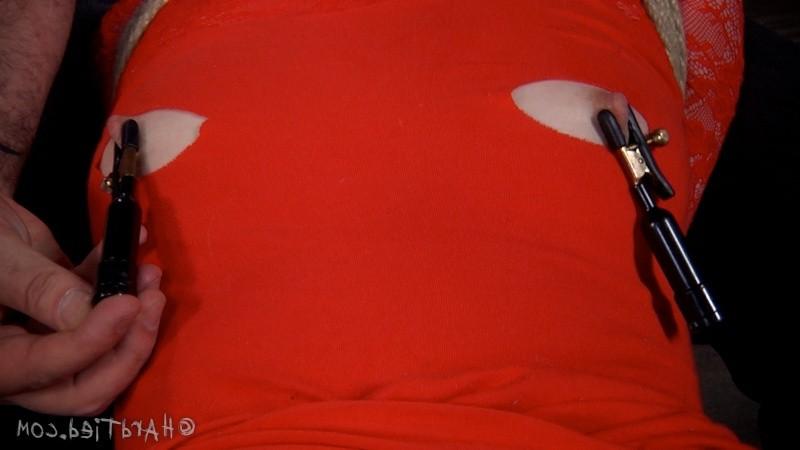 16P Alani Pi in orange dress is rope bound and toyed to orgasm