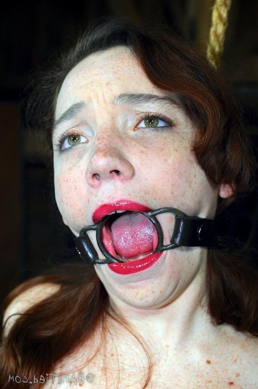 16P Maggie Mead bound on high heels and stockings her mouth spread