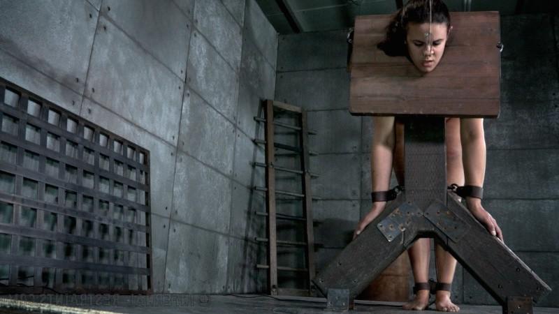 16P Penny Barber bound in wooden stocks with tits and pussy exposed in dungeon