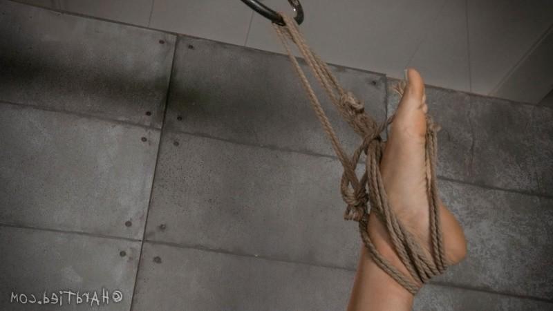 16P Lyla Storm purple outfit stripped bound in rope with red ballgag made to orgasm