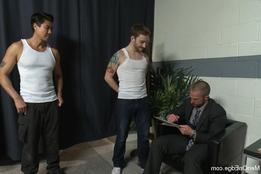 15P Adam Herst has his huge cock edged while bound in a straight jacket inside a pad