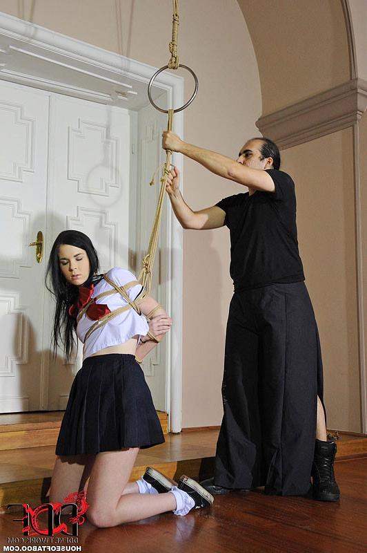 16P Amber Neveda skirt schoolgirl is bound in rope by shibari master