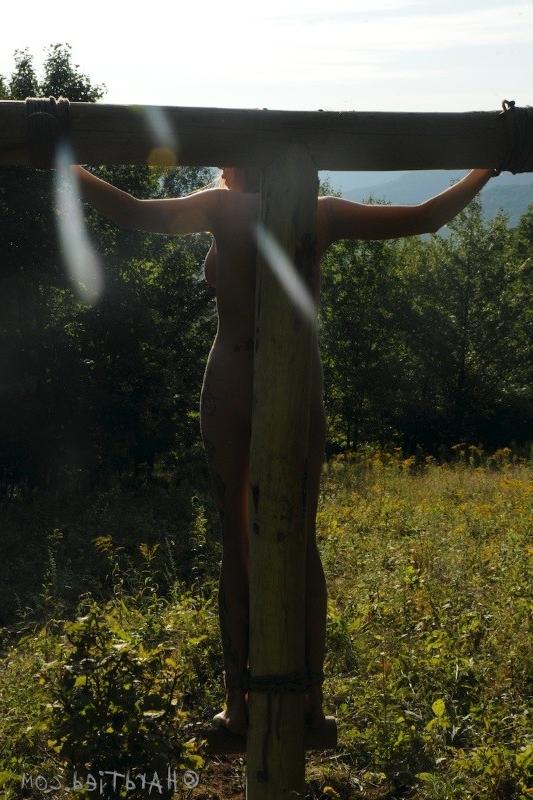 16P Rain DeGrey busty blonde is rope bound in the woods by master