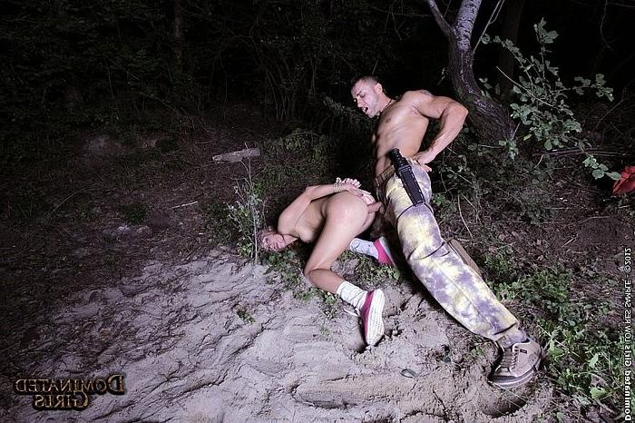 16P Leyla Black is outdoors and fucked while bound in rope in woods
