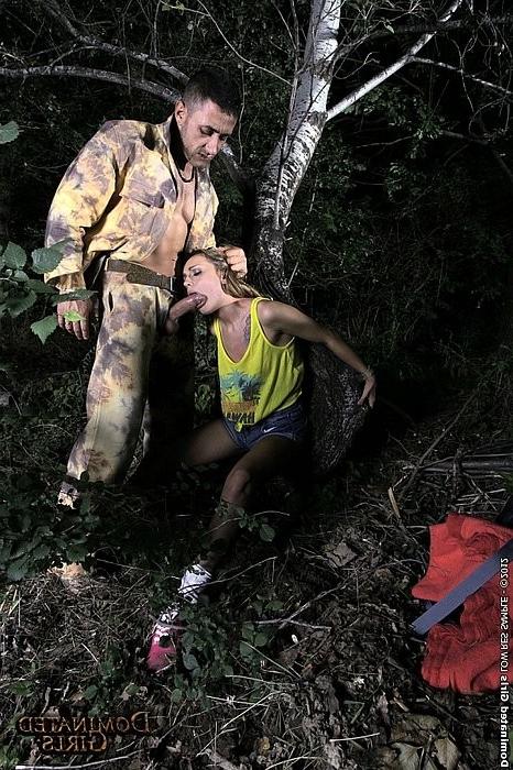 16P Leyla Black is outdoors and fucked while bound in rope in woods