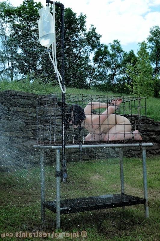16P Juliette March in cage is anal cleaned her tits bound before sex