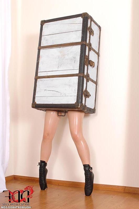 16P Latex Lucy bound in suitcase on high heels gets banged by master