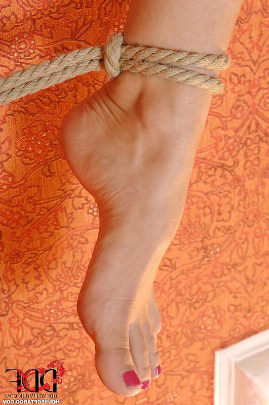16P Leyla Black naked hairy babe is rope bound to the stairs
