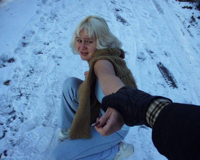 15P Girl bound between trees and tormented with snow