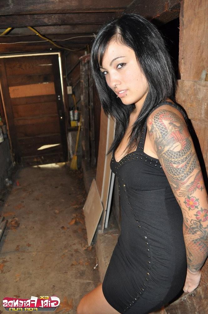 15P Tattooed brunette exgirlfriend Alya Grey strips black dress and 