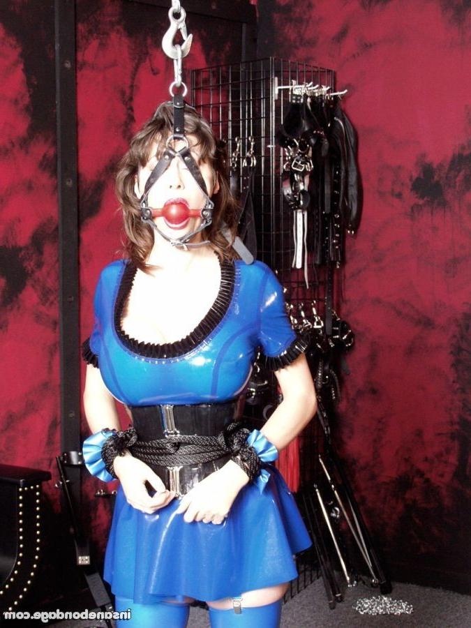 14P busty slave in latex gets ball gagged and tied up