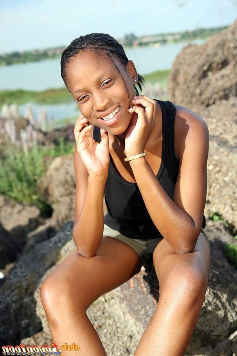 15P Black teen girl showing her big natural tits