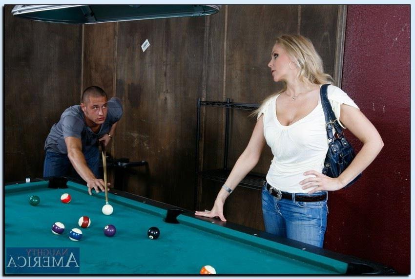 16P Julia Ann screws her boy toy on a pool table in a white bra
