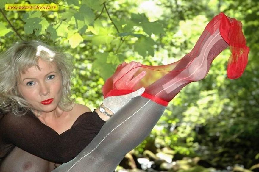12P Extreme nylon fetish milf Sue in the woods