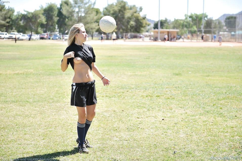 15P Blonde babe in soccer uniform outside