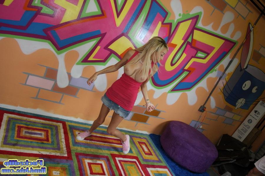 16P Busty blonde slut playing with balls and cock giving a handjob